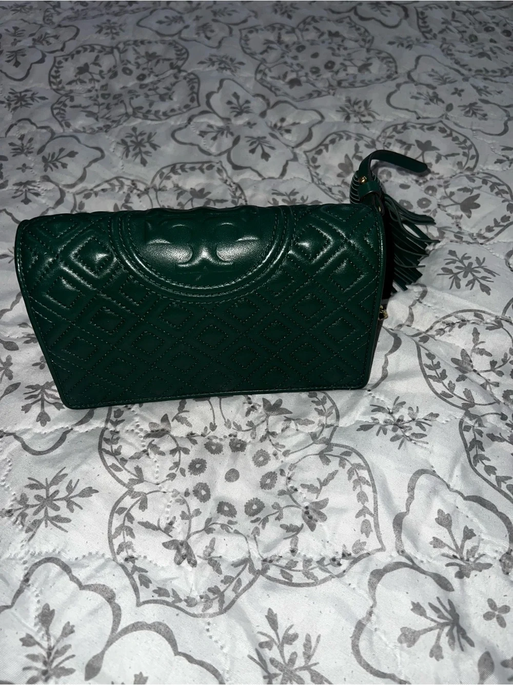 Tory Burch Dark Green Quilted Tassel Wristlet